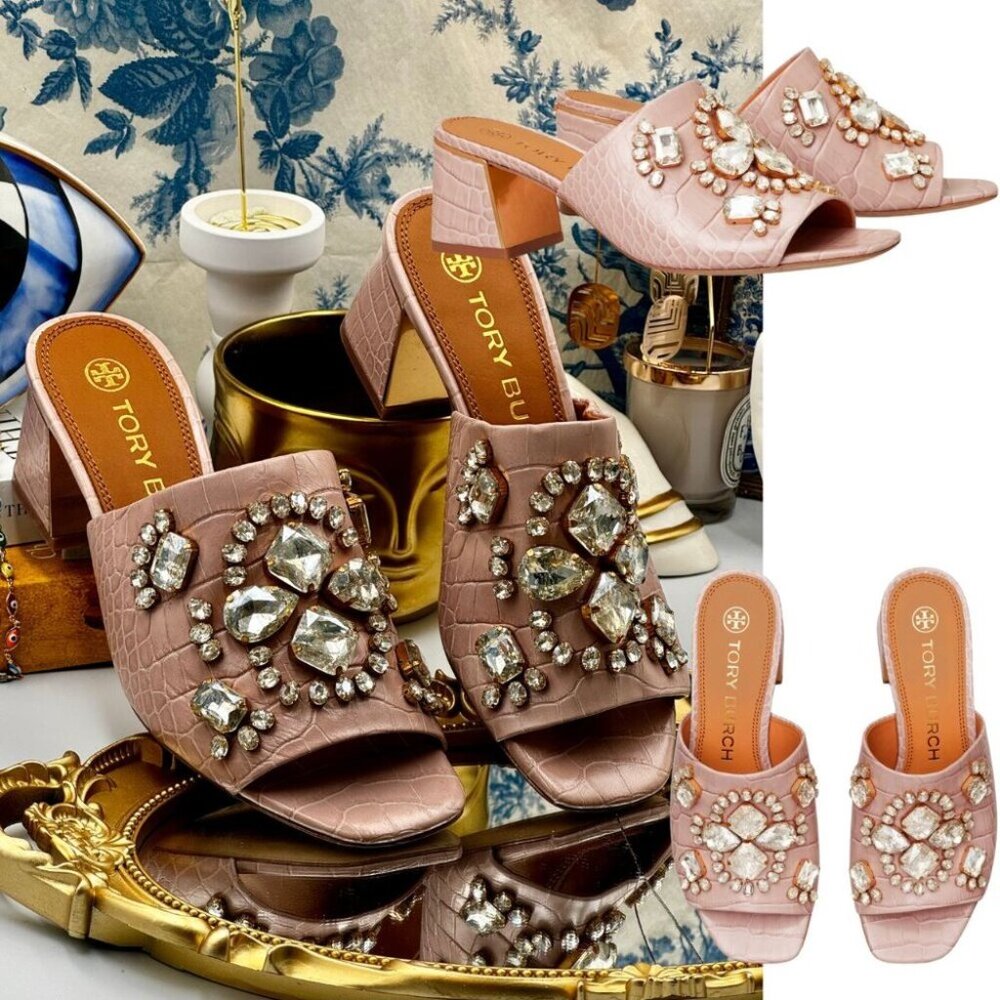 🆕 TORY BURCH 🧿 NWOT Martine Pink Croc Embossed Crystal Mid Heel Slide - Sz 7